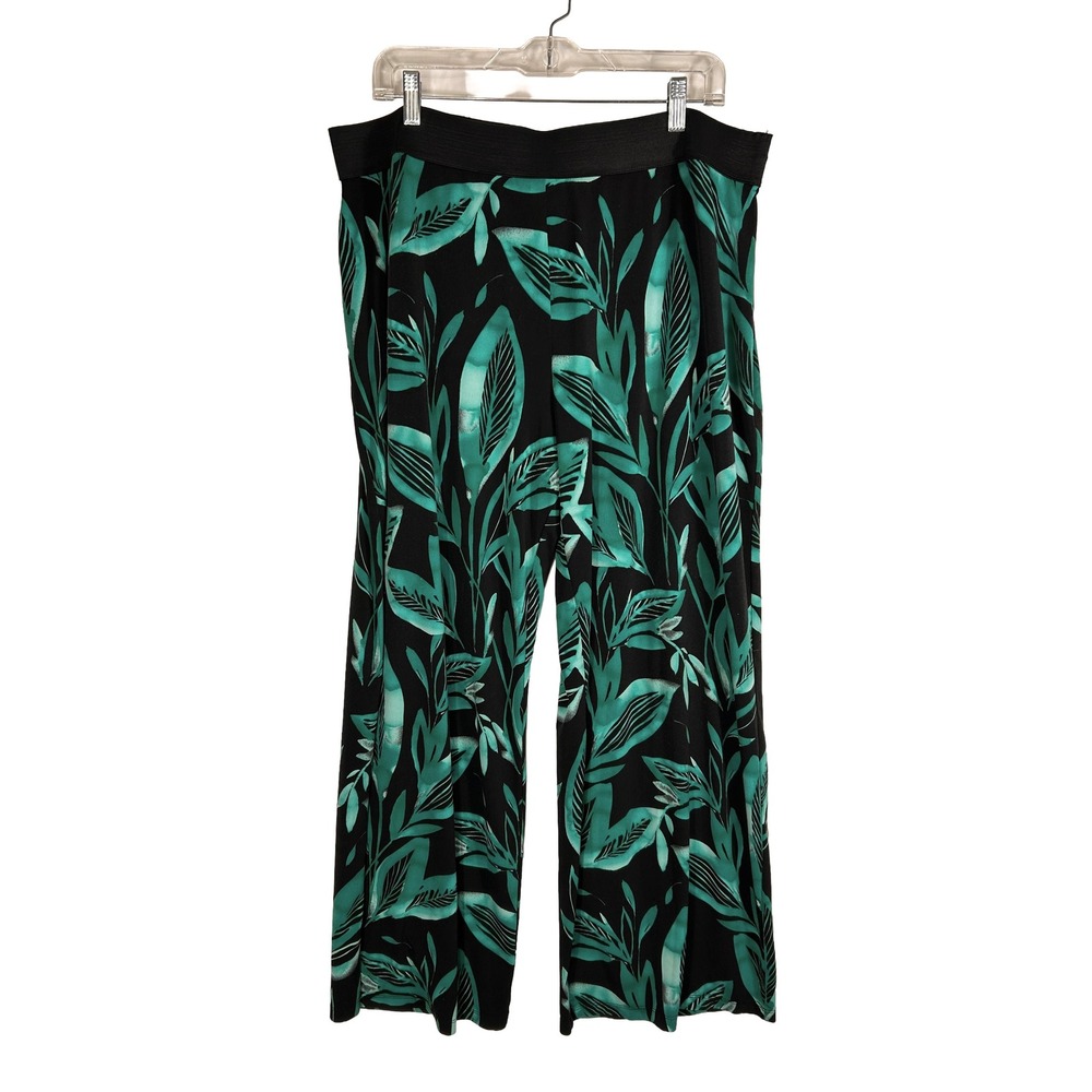 Alfani Woman 2X‎ Wide Leg Pants Tropical Leaf Print Green Black Elastic Waist